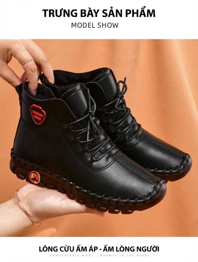 Giày Cao Cổ Nữ Khâu Tay Thủ Công Lót Lông Đi Mềm Chống Trượt Chiều Cao Đế Khoảng 3cm Màu Kem, Đen, Nâu, Đỏ chi tiết 11