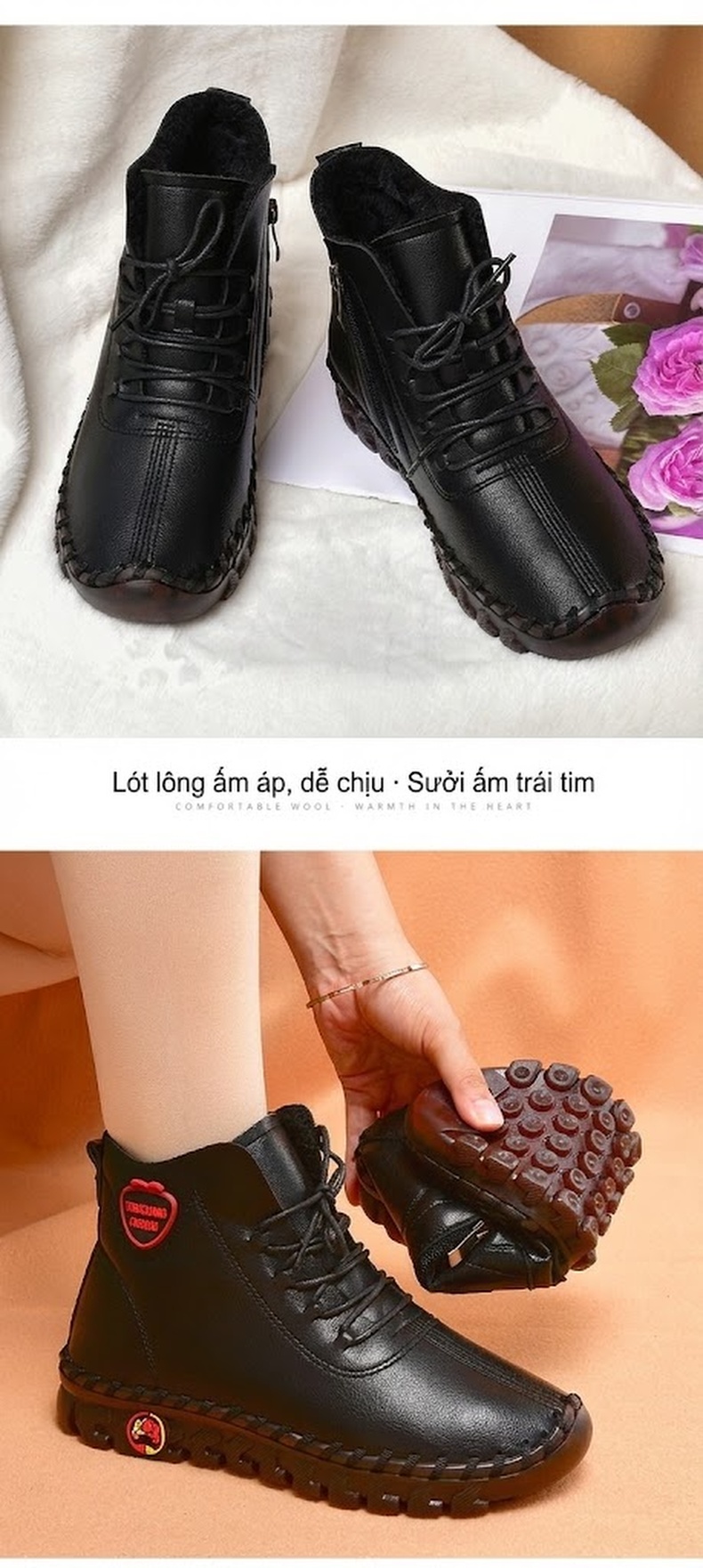 Giày Cao Cổ Nữ Khâu Tay Thủ Công Lót Lông Đi Mềm Chống Trượt Chiều Cao Đế Khoảng 3cm Màu Kem, Đen, Nâu, Đỏ chi tiết 13
