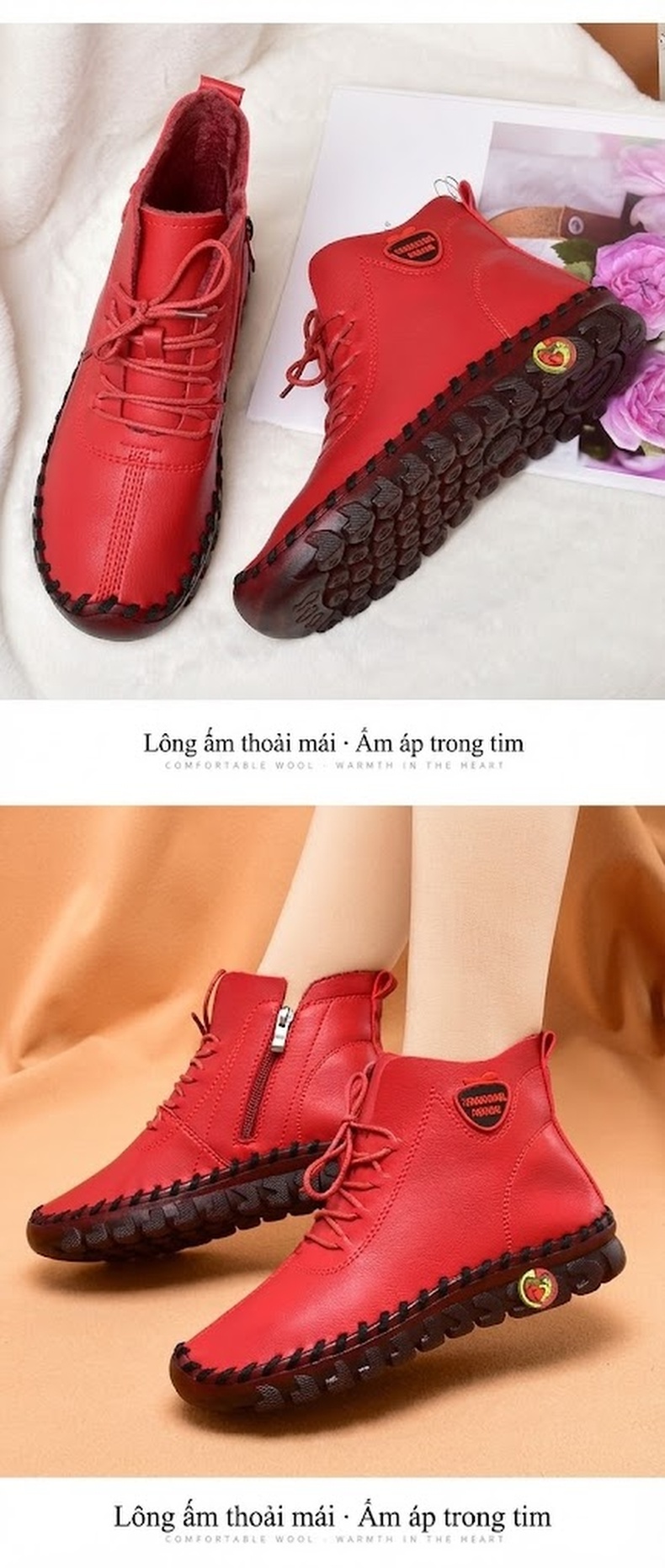 Giày Cao Cổ Nữ Khâu Tay Thủ Công Lót Lông Đi Mềm Chống Trượt Chiều Cao Đế Khoảng 3cm Màu Kem, Đen, Nâu, Đỏ chi tiết 15