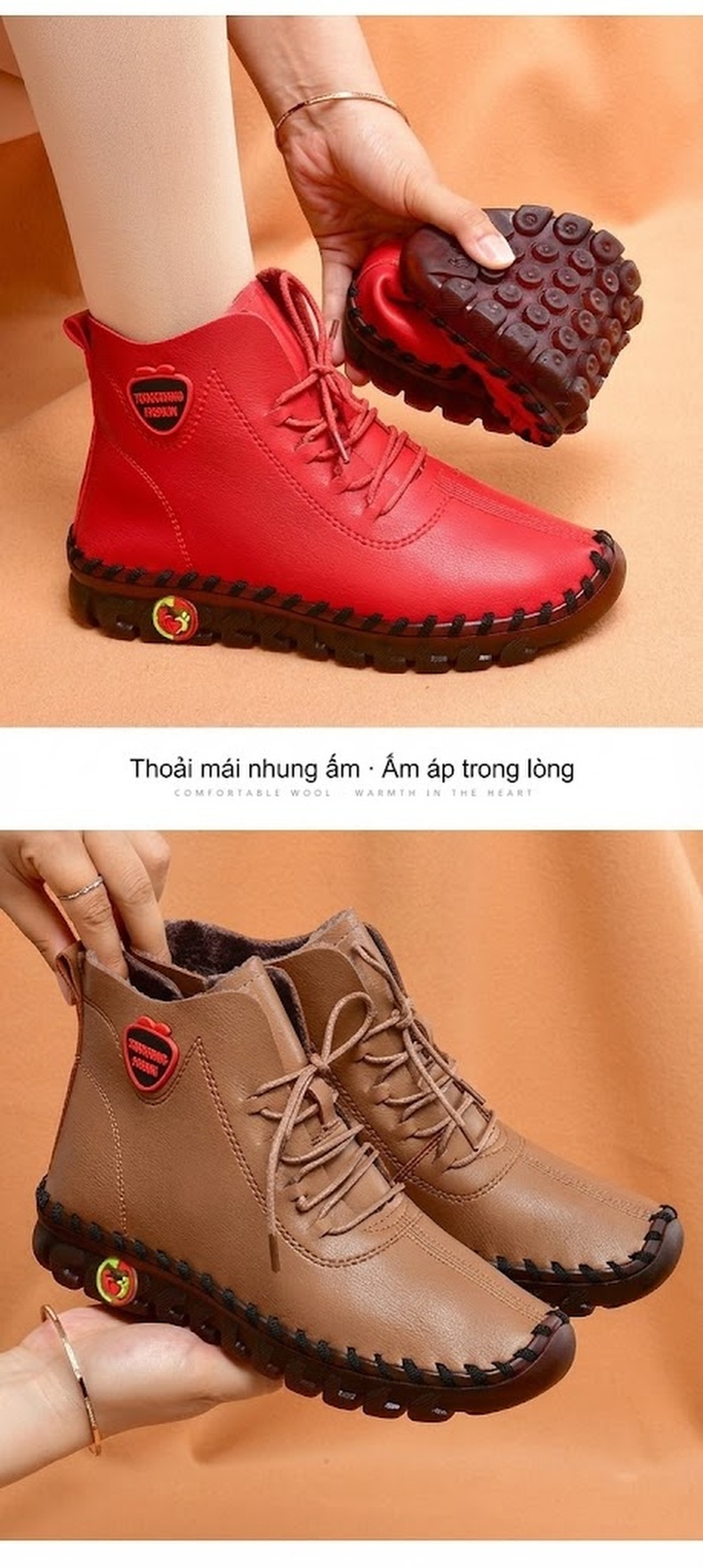 Giày Cao Cổ Nữ Khâu Tay Thủ Công Lót Lông Đi Mềm Chống Trượt Chiều Cao Đế Khoảng 3cm Màu Kem, Đen, Nâu, Đỏ chi tiết 16