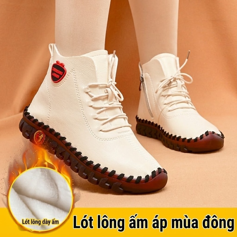 Giày Cao Cổ Nữ Khâu Tay Thủ Công Lót Lông Đi Mềm Chống Trượt Chiều Cao Đế Khoảng 3cm Màu Kem, Đen, Nâu, Đỏ