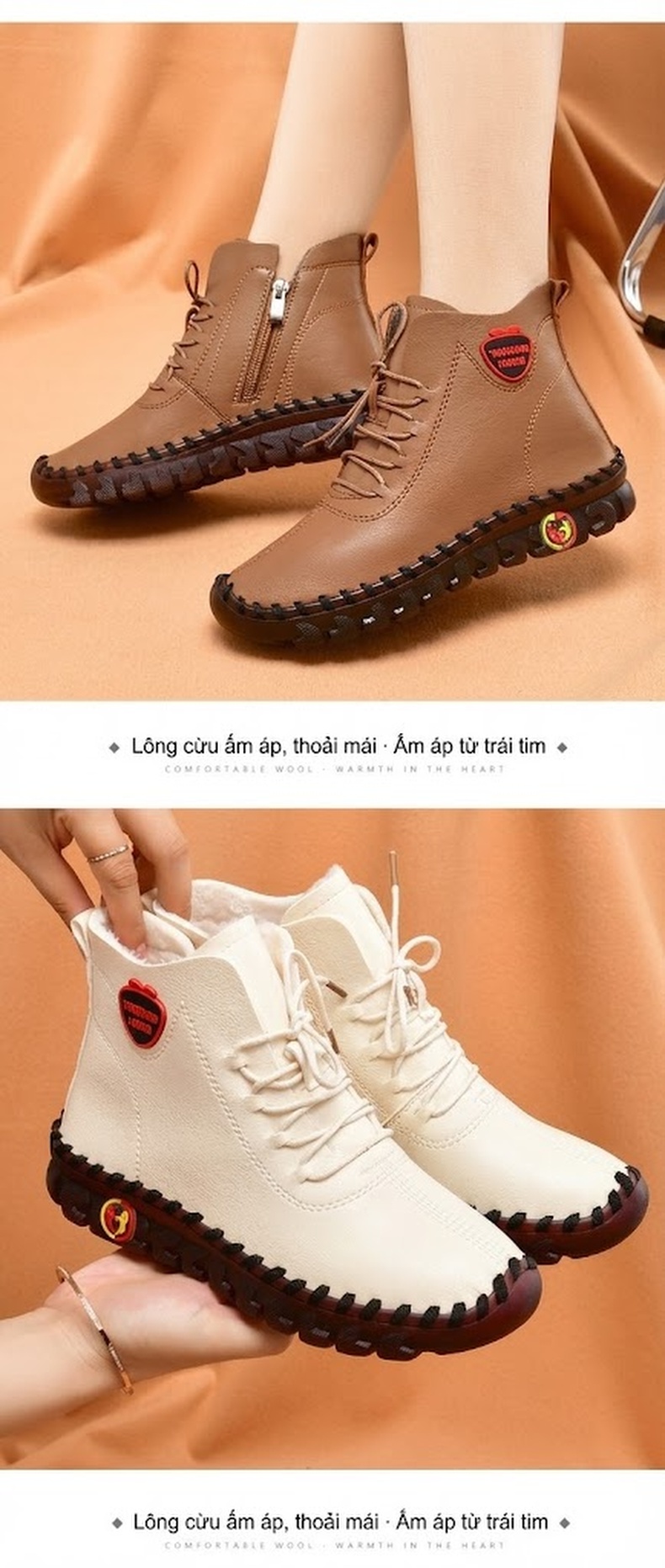 Giày Cao Cổ Nữ Khâu Tay Thủ Công Lót Lông Đi Mềm Chống Trượt Chiều Cao Đế Khoảng 3cm Màu Kem, Đen, Nâu, Đỏ chi tiết 18