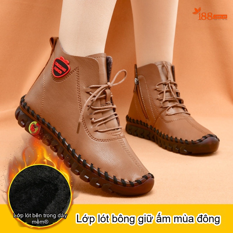Giày Cao Cổ Nữ Khâu Tay Thủ Công Lót Lông Đi Mềm Chống Trượt Chiều Cao Đế Khoảng 3cm Màu Kem, Đen, Nâu, Đỏ