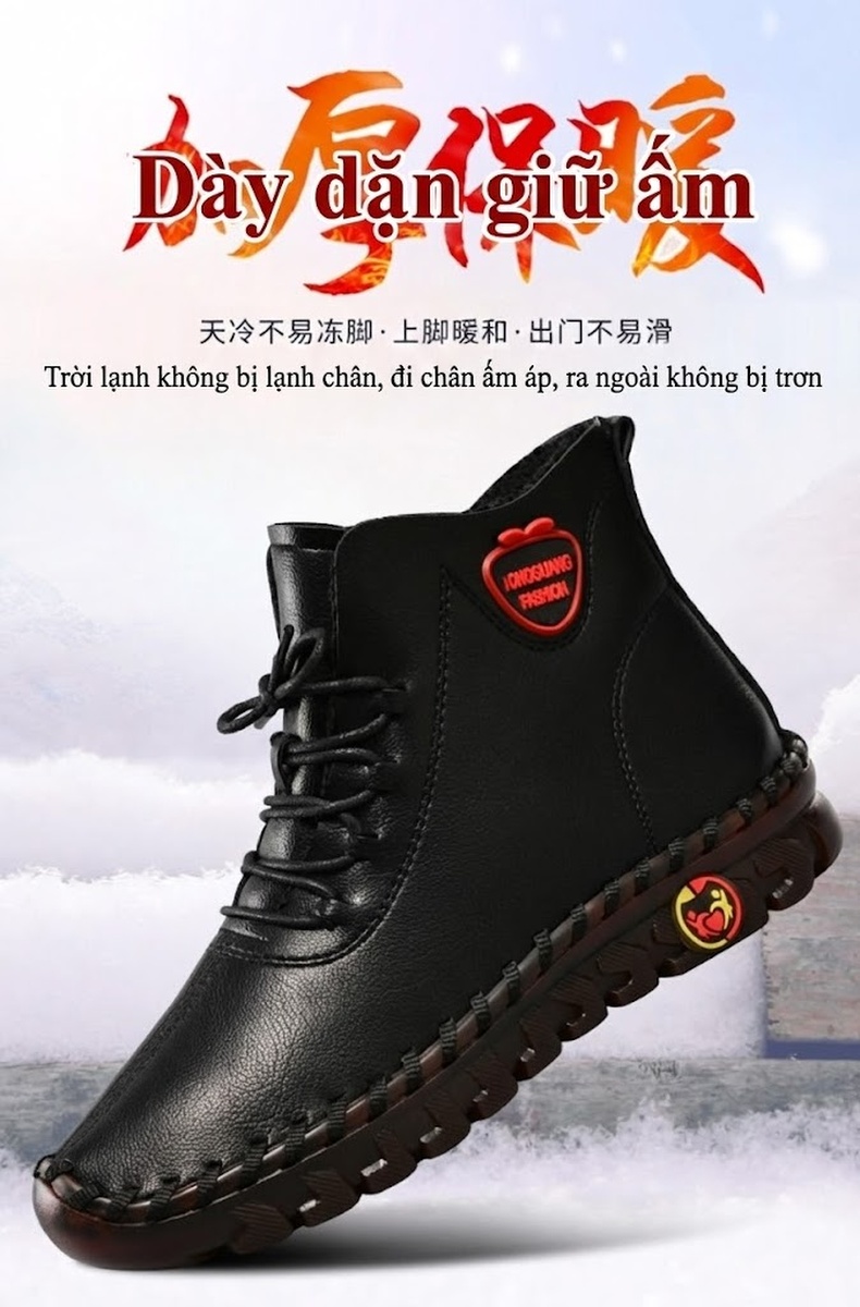 Giày Cao Cổ Nữ Khâu Tay Thủ Công Lót Lông Đi Mềm Chống Trượt Chiều Cao Đế Khoảng 3cm Màu Kem, Đen, Nâu, Đỏ chi tiết 1