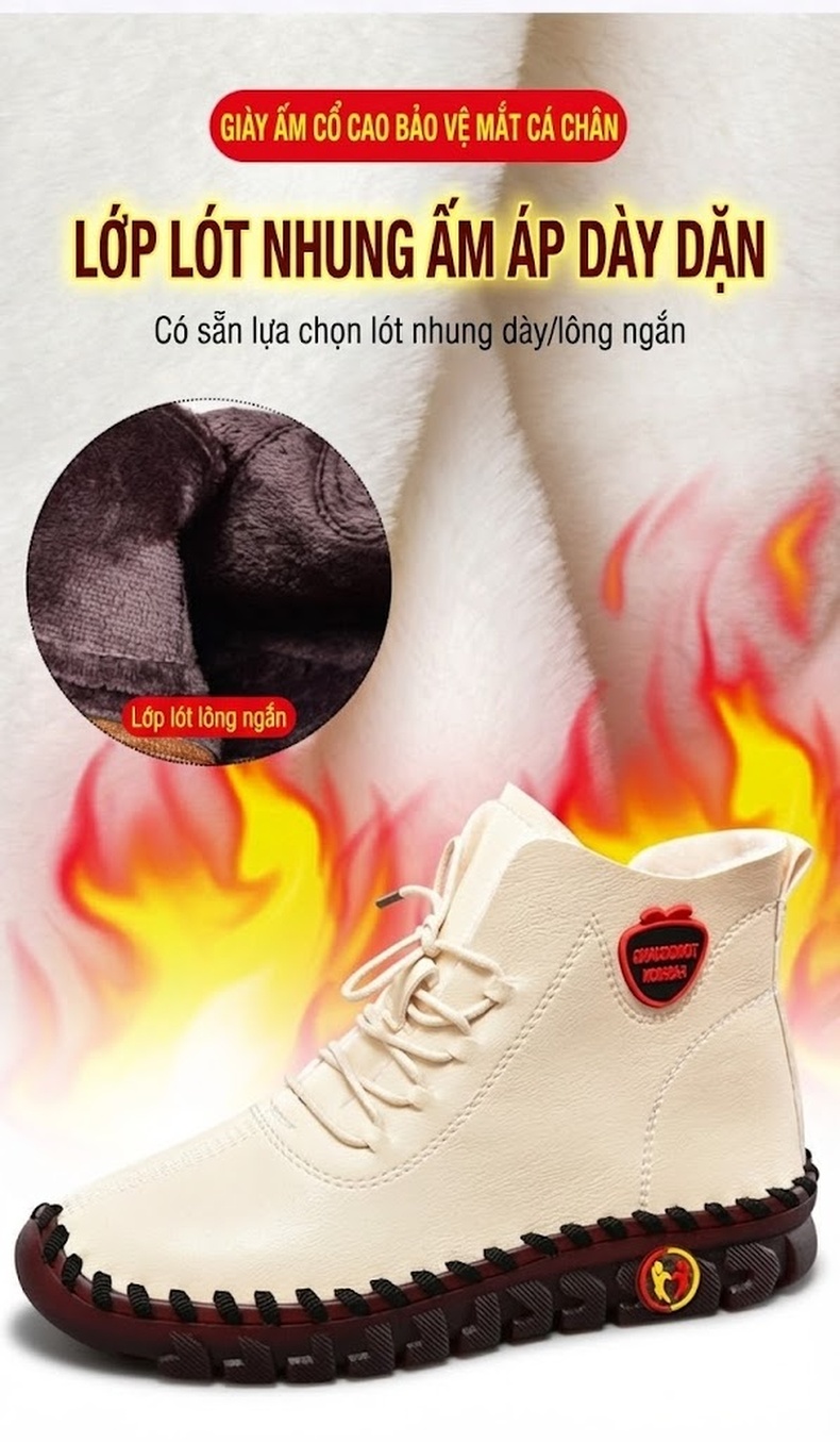 Giày Cao Cổ Nữ Khâu Tay Thủ Công Lót Lông Đi Mềm Chống Trượt Chiều Cao Đế Khoảng 3cm Màu Kem, Đen, Nâu, Đỏ chi tiết 2