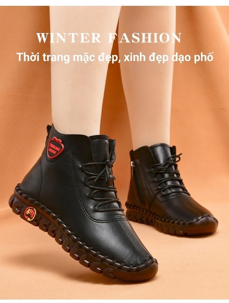 Giày Cao Cổ Nữ Khâu Tay Thủ Công Lót Lông Đi Mềm Chống Trượt Chiều Cao Đế Khoảng 3cm Màu Kem, Đen, Nâu, Đỏ chi tiết 5