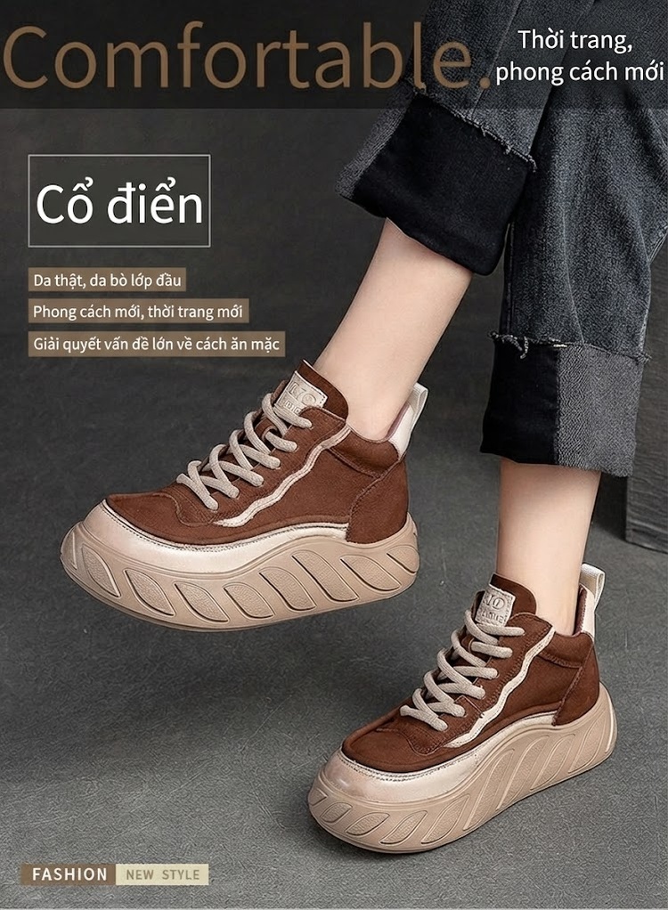 Giày Cao Cổ Nữ Phong Cách Anh Quốc Da Mờ Buộc Dây Chiều Cao Đế Khoảng 5cm Màu Nâu chi tiết 2