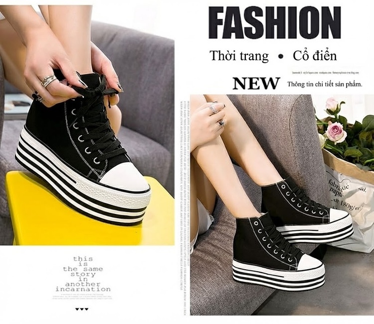 Giày Cao Cổ Nữ Vải Canvas Buộc Dây Chiều Cao Đế Khoảng 5cm Màu Trắng, Đen chi tiết 13
