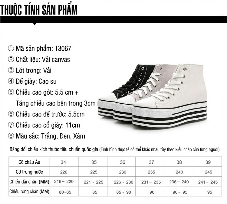Giày Cao Cổ Nữ Vải Canvas Buộc Dây Chiều Cao Đế Khoảng 5cm Màu Trắng, Đen chi tiết 1