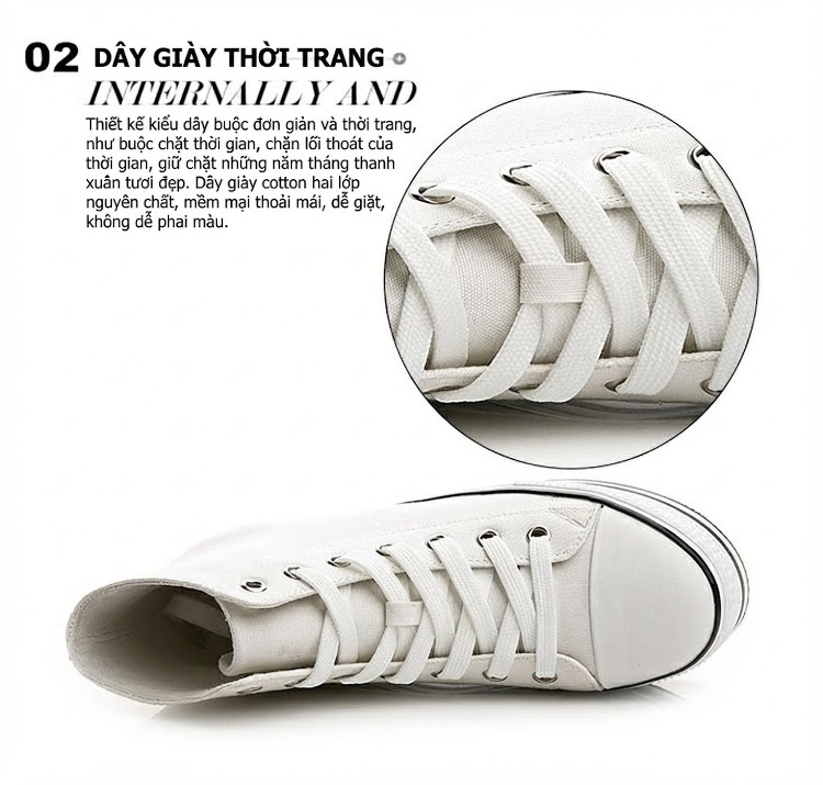 Giày Cao Cổ Nữ Vải Canvas Buộc Dây Chiều Cao Đế Khoảng 5cm Màu Trắng, Đen chi tiết 4