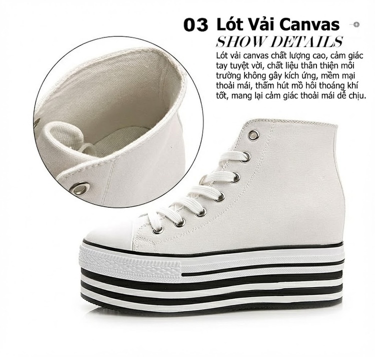 Giày Cao Cổ Nữ Vải Canvas Buộc Dây Chiều Cao Đế Khoảng 5cm Màu Trắng, Đen chi tiết 5