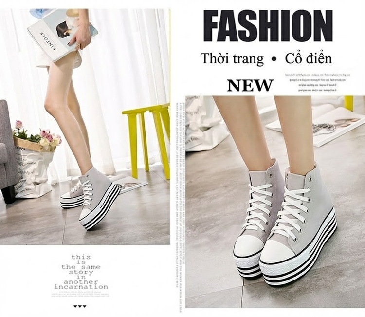 Giày Cao Cổ Nữ Vải Canvas Buộc Dây Chiều Cao Đế Khoảng 5cm Màu Trắng, Đen chi tiết 12