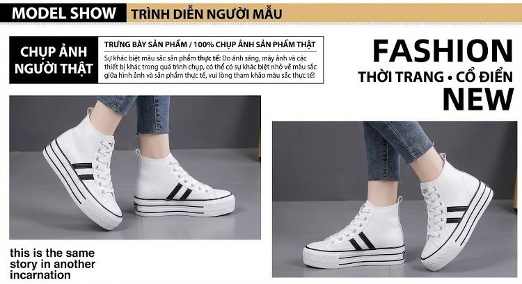 Giày Cao Cổ Nữ Vải Canvas Buộc Dây Chiều Cao Đế Khoảng 5cm Màu Trắng, Đen chi tiết 8