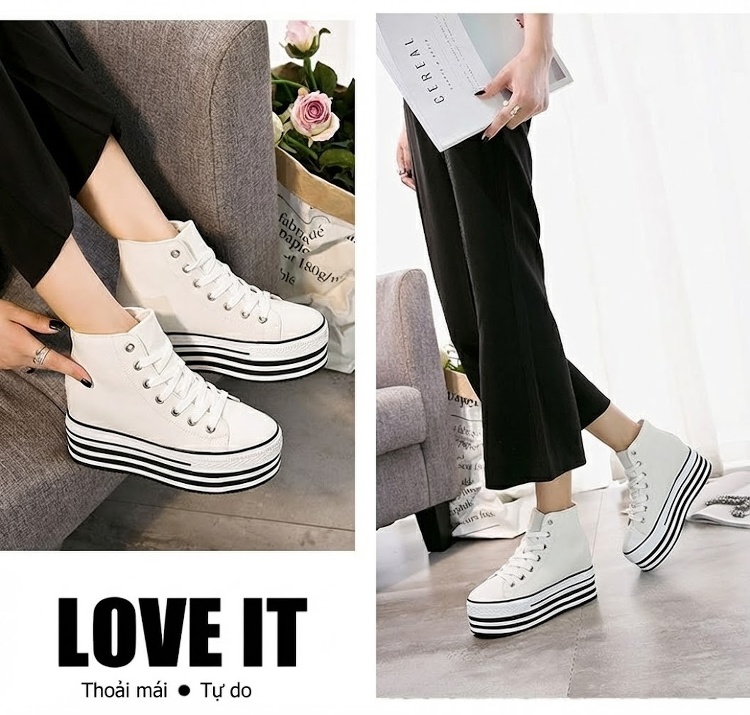 Giày Cao Cổ Nữ Vải Canvas Buộc Dây Chiều Cao Đế Khoảng 5cm Màu Trắng, Đen chi tiết 9