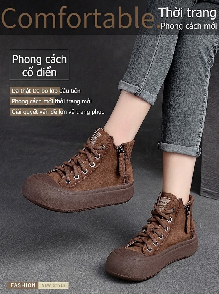 Giày Cao Cổ Nữ Vải Canvas Khóa Kéo Bên Hông Chiều Cao Đế Khoảng 4cm Màu Nâu, Đỏ chi tiết 1
