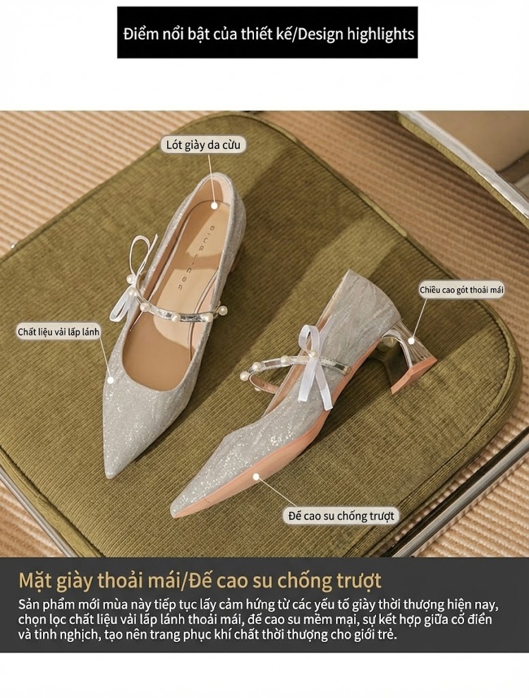 Giày Cao Gót Cô Dâu Da Cừu Chiều Cao Đế Khoảng 5cm Quai Ngang Đính Ngọc Trai Màu Bạc chi tiết 4