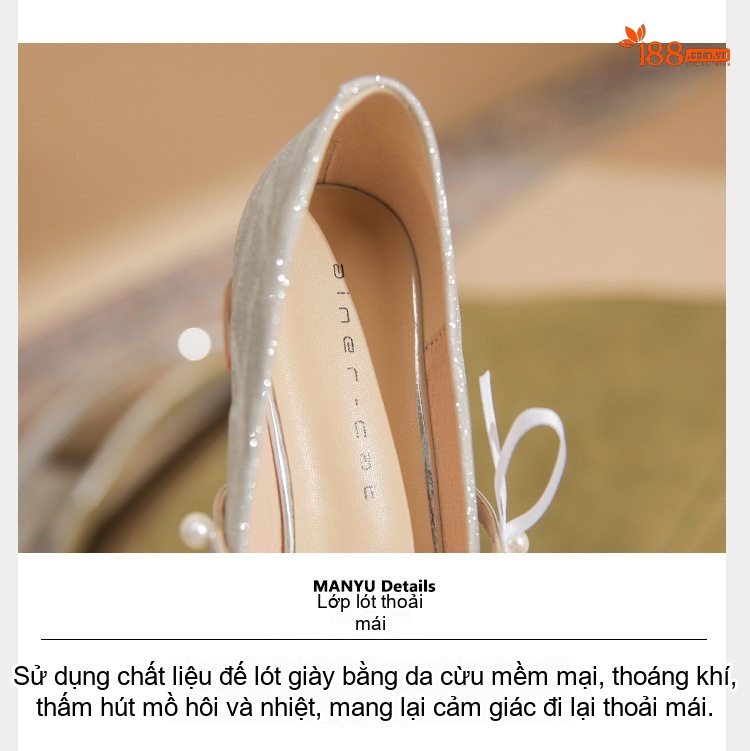 Giày Cao Gót Cô Dâu Da Cừu Chiều Cao Đế Khoảng 5cm Quai Ngang Đính Ngọc Trai Màu Bạc chi tiết 9