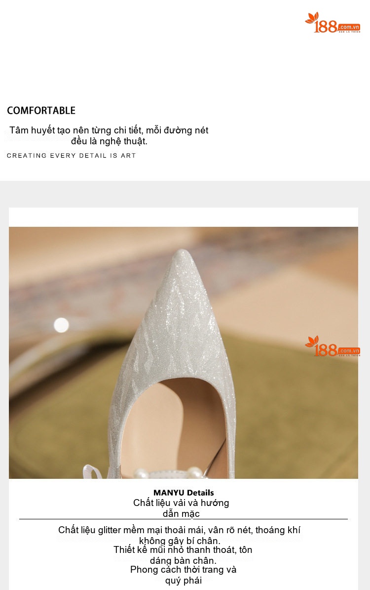 Giày Cao Gót Cô Dâu Da Cừu Chiều Cao Đế Khoảng 5cm Quai Ngang Đính Ngọc Trai Màu Bạc chi tiết 8
