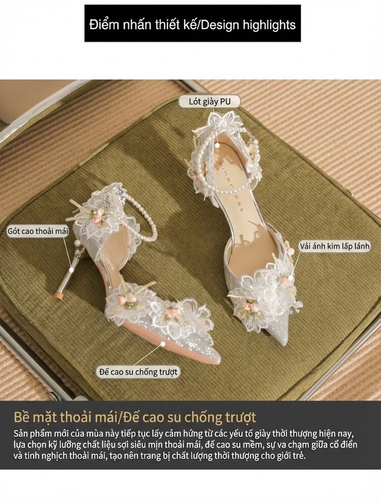 Giày Cao Gót Cô Dâu Mũi Nhọn Ren Hoa Ngọc Trai Quai Ngang Hở Bên Chiều Cao Đế Khoảng 7cm Màu Bạc chi tiết 4