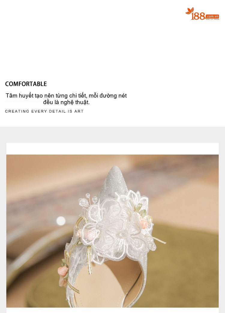 Giày Cao Gót Cô Dâu Mũi Nhọn Ren Hoa Ngọc Trai Quai Ngang Hở Bên Chiều Cao Đế Khoảng 7cm Màu Bạc chi tiết 8