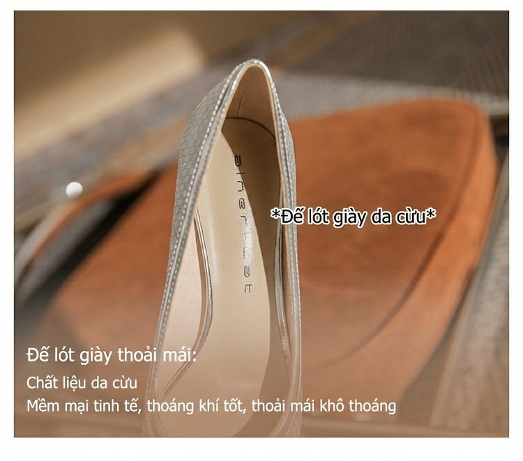 Giày Cao Gót Da Cừu Mũi Nhọn Chiều Cao Đế Khoảng 8cm Màu Bạc Lấp Lánh chi tiết 9