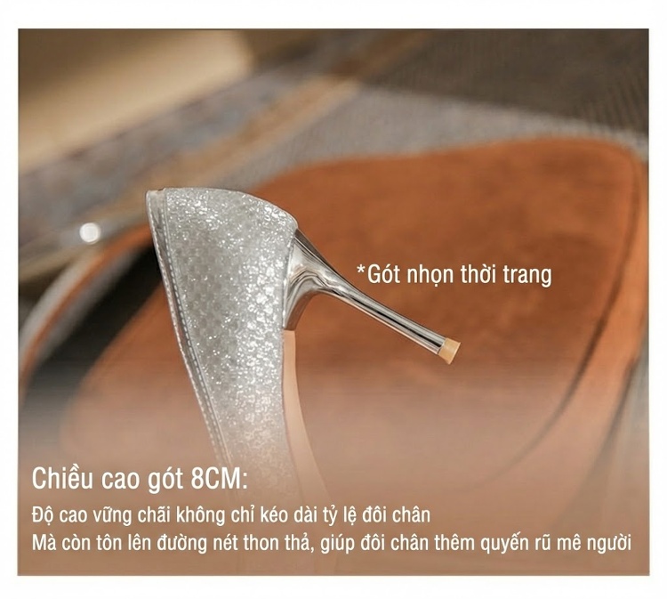 Giày Cao Gót Da Cừu Mũi Nhọn Chiều Cao Đế Khoảng 8cm Màu Bạc Lấp Lánh chi tiết 10