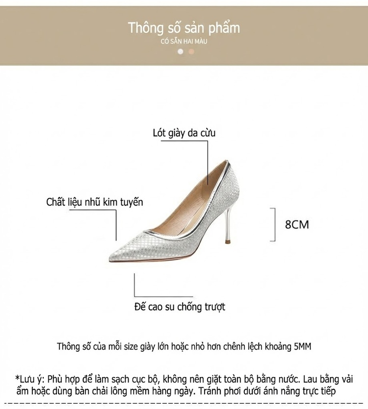Giày Cao Gót Da Cừu Mũi Nhọn Chiều Cao Đế Khoảng 8cm Màu Bạc Lấp Lánh chi tiết 4