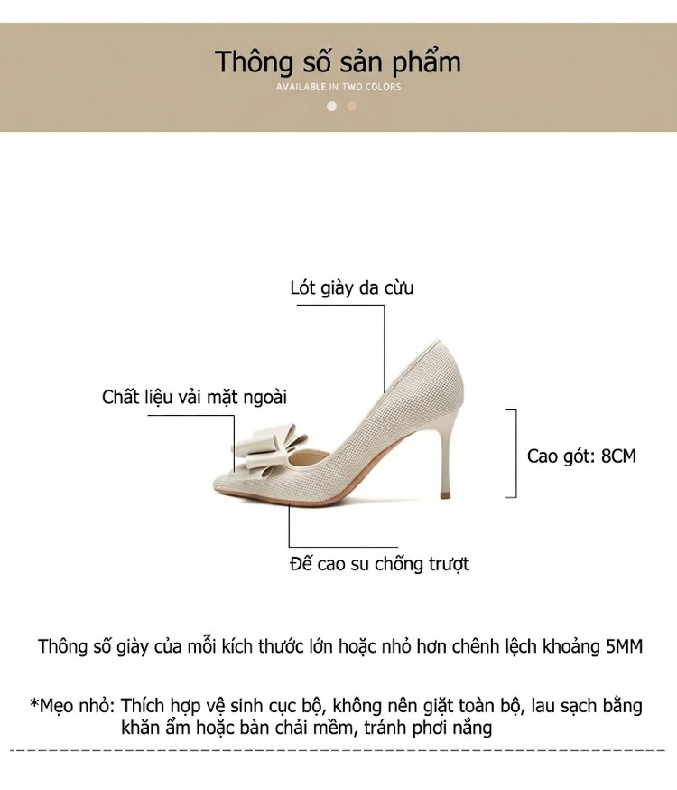 Giày Cao Gót Hở Bên Nữ Da Cừu Chiều Cao Đế Khoảng 7cm Kiểu Mũi Nhọn Thắt Nơ Màu Trắng, Đen chi tiết 4