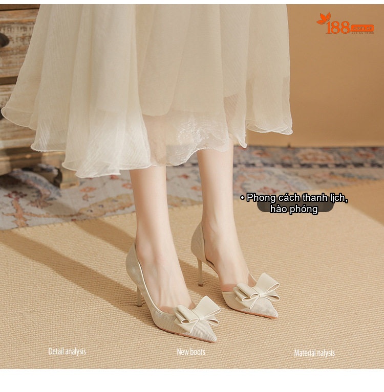 Giày Cao Gót Hở Bên Nữ Da Cừu Chiều Cao Đế Khoảng 7cm Kiểu Mũi Nhọn Thắt Nơ Màu Trắng, Đen chi tiết 5