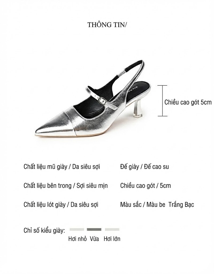 Giày Cao Gót Hở Gót Mũi Nhọn Phối Màu Chiều Cao Đế Khoảng 6cm Màu Bạc, Kem, Đen chi tiết 2