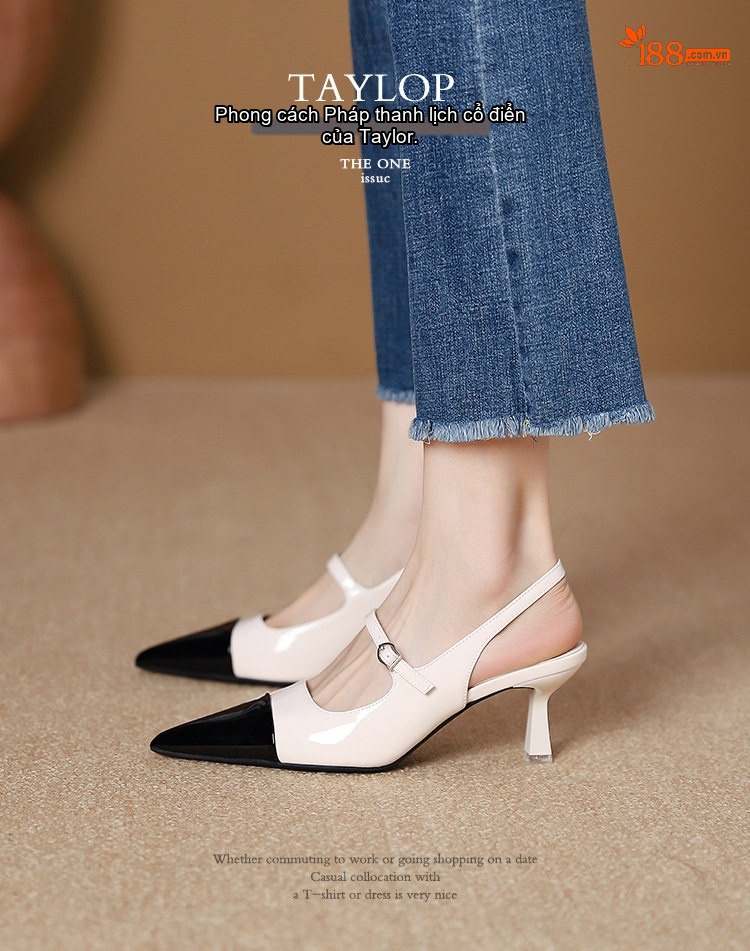 Giày Cao Gót Hở Gót Mũi Nhọn Phối Màu Chiều Cao Đế Khoảng 6cm Màu Bạc, Kem, Đen chi tiết 3