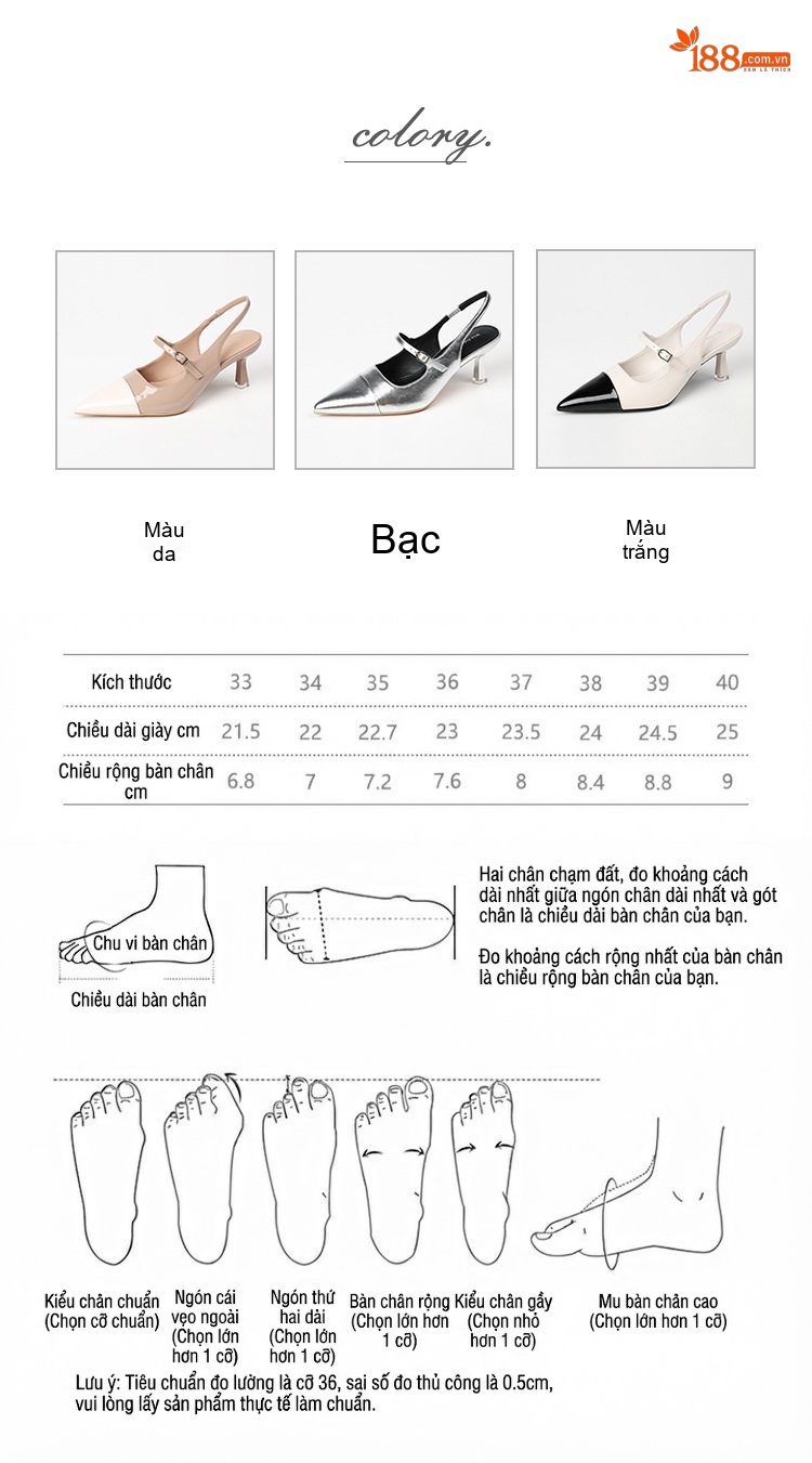 Giày Cao Gót Hở Gót Mũi Nhọn Phối Màu Chiều Cao Đế Khoảng 6cm Màu Bạc, Kem, Đen chi tiết 4