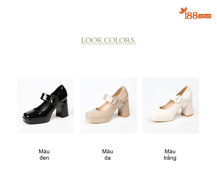 Giày Cao Gót Mary Jane Nữ Da Bóng Mũi Vuông Khóa Cài Chiều Cao Đế Khoảng 6cm Màu Đen, Kem, Trắng chi tiết 5