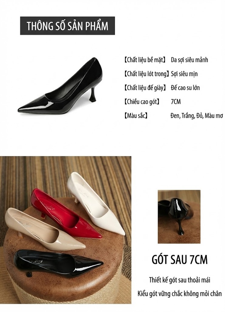 Giày Cao Gót Mũi Nhọn Da Bóng Chiều Cao Đế Khoảng 5cm Màu Nude, Đen, Đỏ, Trắng chi tiết 2