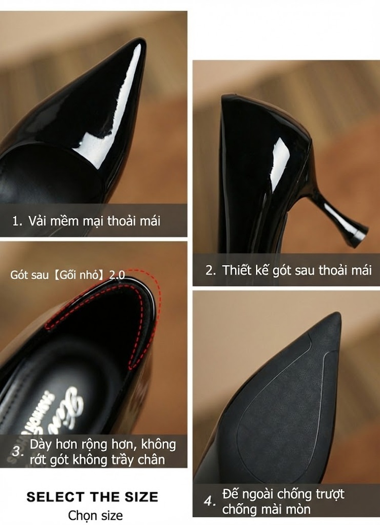 Giày Cao Gót Mũi Nhọn Da Bóng Chiều Cao Đế Khoảng 5cm Màu Nude, Đen, Đỏ, Trắng chi tiết 3