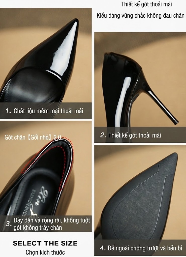 Giày Cao Gót Mũi Nhọn Da Bóng Chiều Cao Đế Khoảng 7cm Màu Đen, Kem, Đỏ, Trắng... chi tiết 3