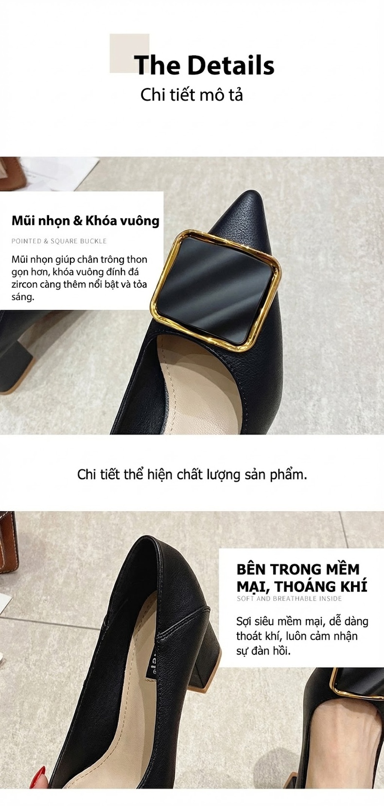 Giày Cao Gót Mũi Nhọn Da Bóng Khóa Vuông Chiều Cao Đế Khoảng 5cm Màu Đen, Trắng chi tiết 5