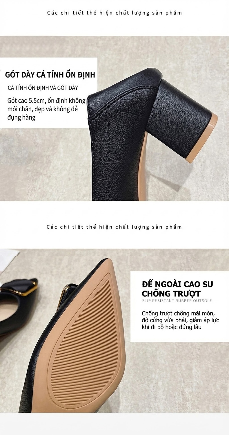 Giày Cao Gót Mũi Nhọn Da Bóng Khóa Vuông Chiều Cao Đế Khoảng 5cm Màu Đen, Trắng chi tiết 6