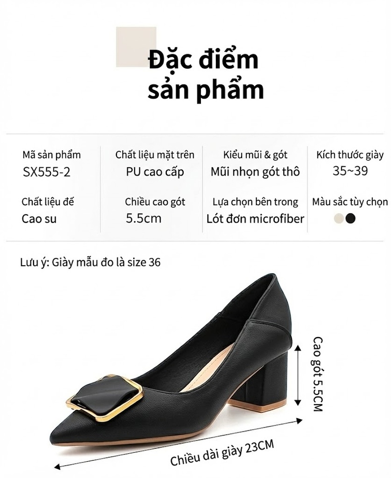 Giày Cao Gót Mũi Nhọn Da Bóng Khóa Vuông Chiều Cao Đế Khoảng 5cm Màu Đen, Trắng chi tiết 3