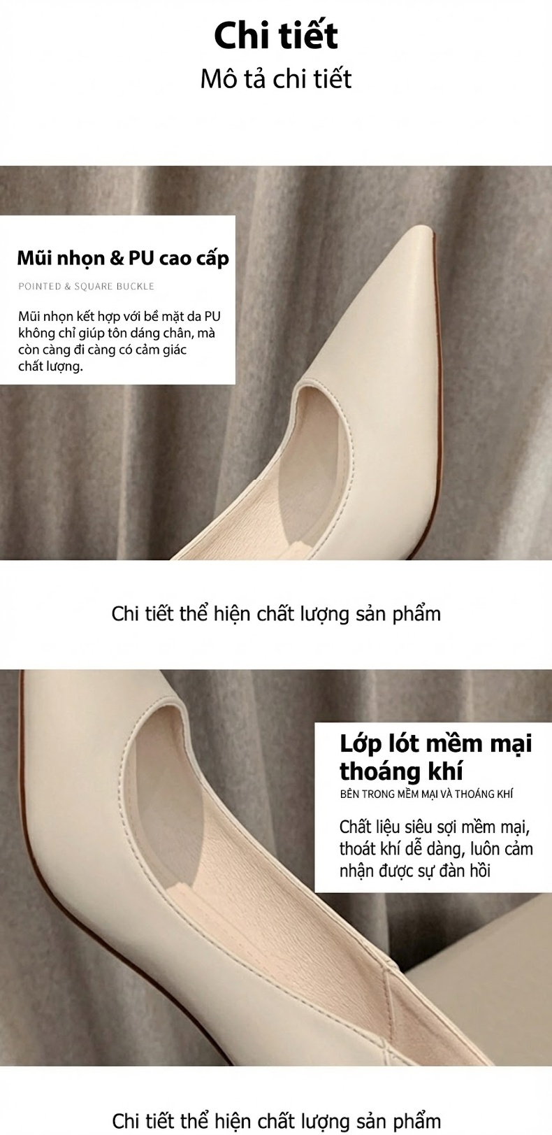 Giày Cao Gót Mũi Nhọn Da Mềm Chiều Cao Đế 6cm Màu Nude, Đen, Xám, Vàng... chi tiết 4