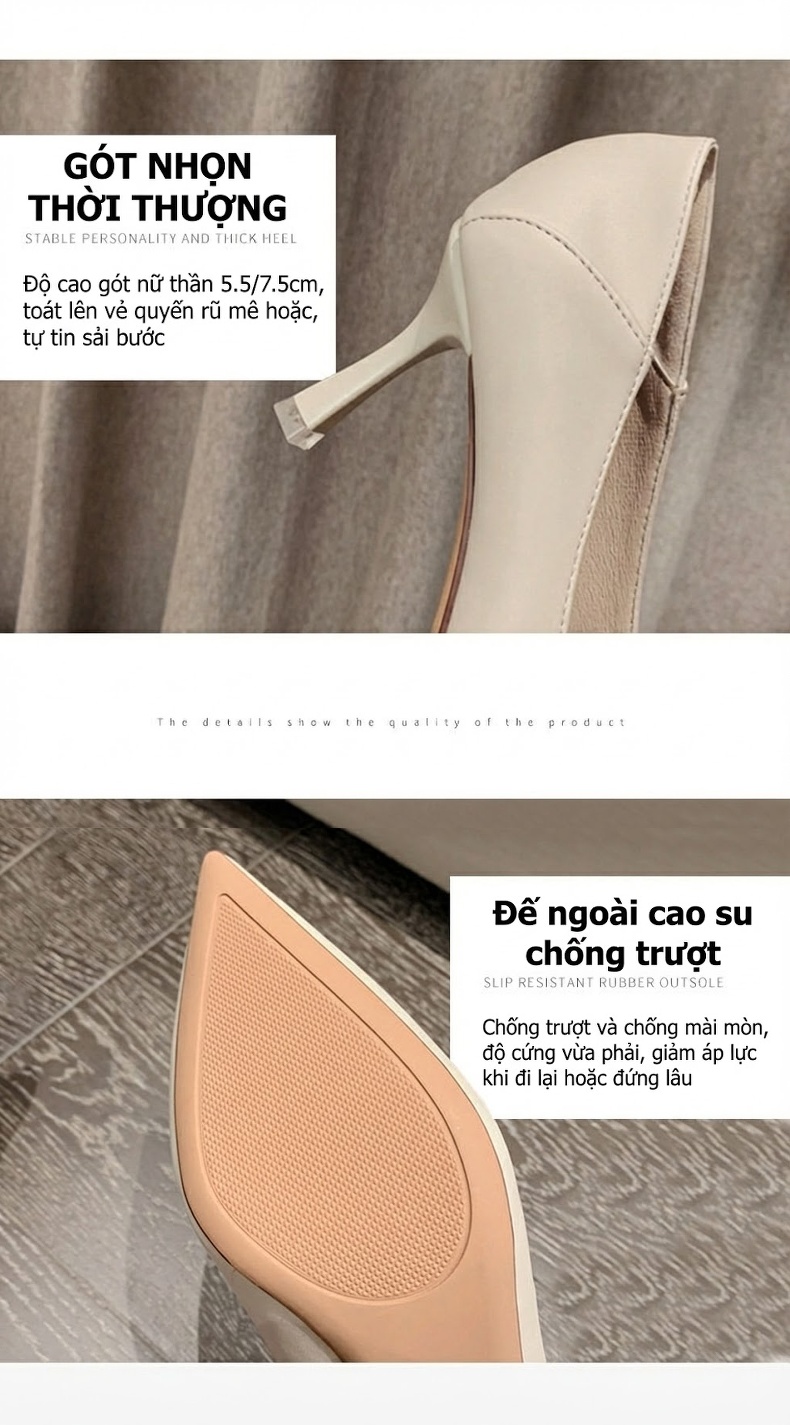 Giày Cao Gót Mũi Nhọn Da Mềm Chiều Cao Đế 6cm Màu Nude, Đen, Xám, Vàng... chi tiết 5