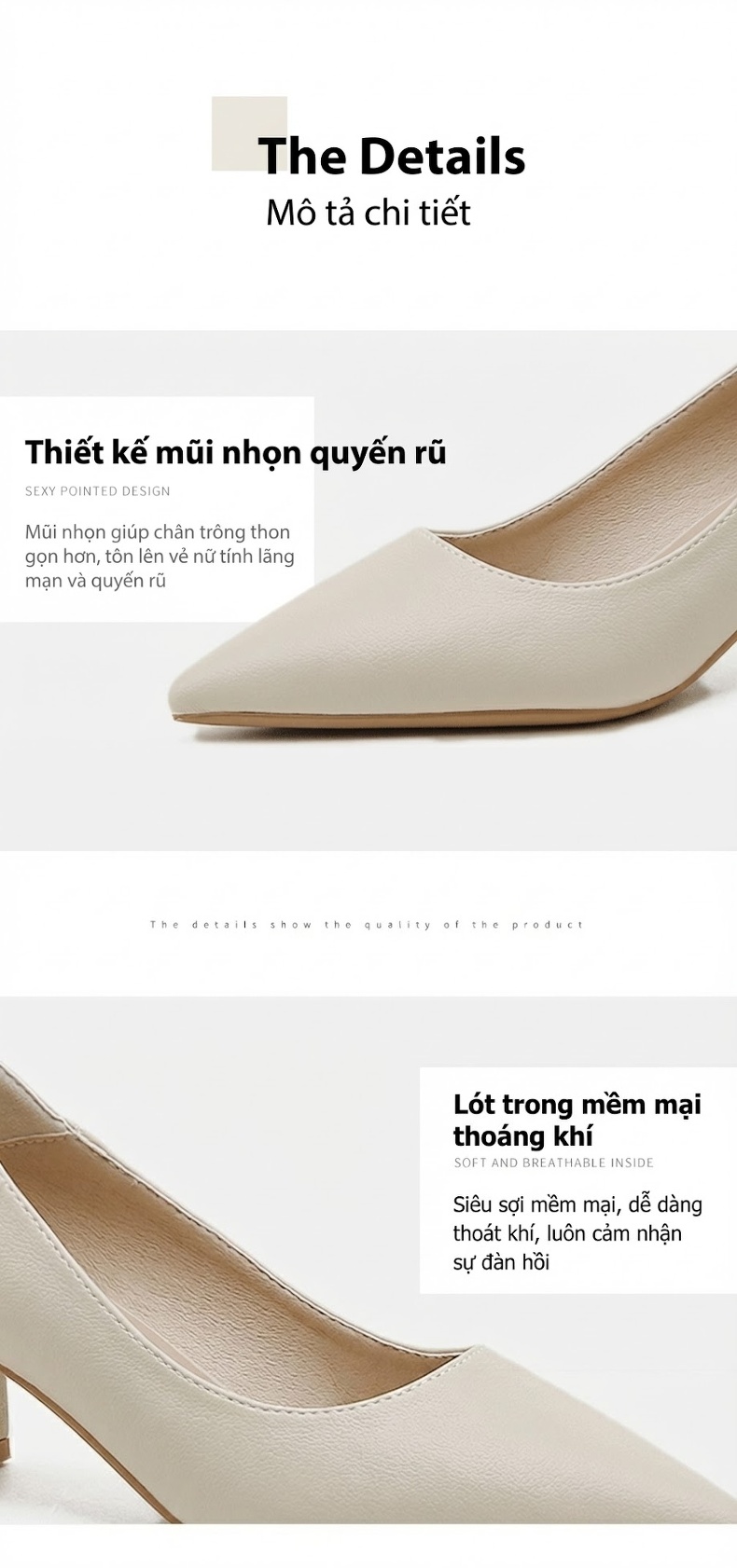 Giày Cao Gót Mũi Nhọn Da Mềm Chiều Cao Đế Khoảng 5cm Màu Be, Đen chi tiết 5