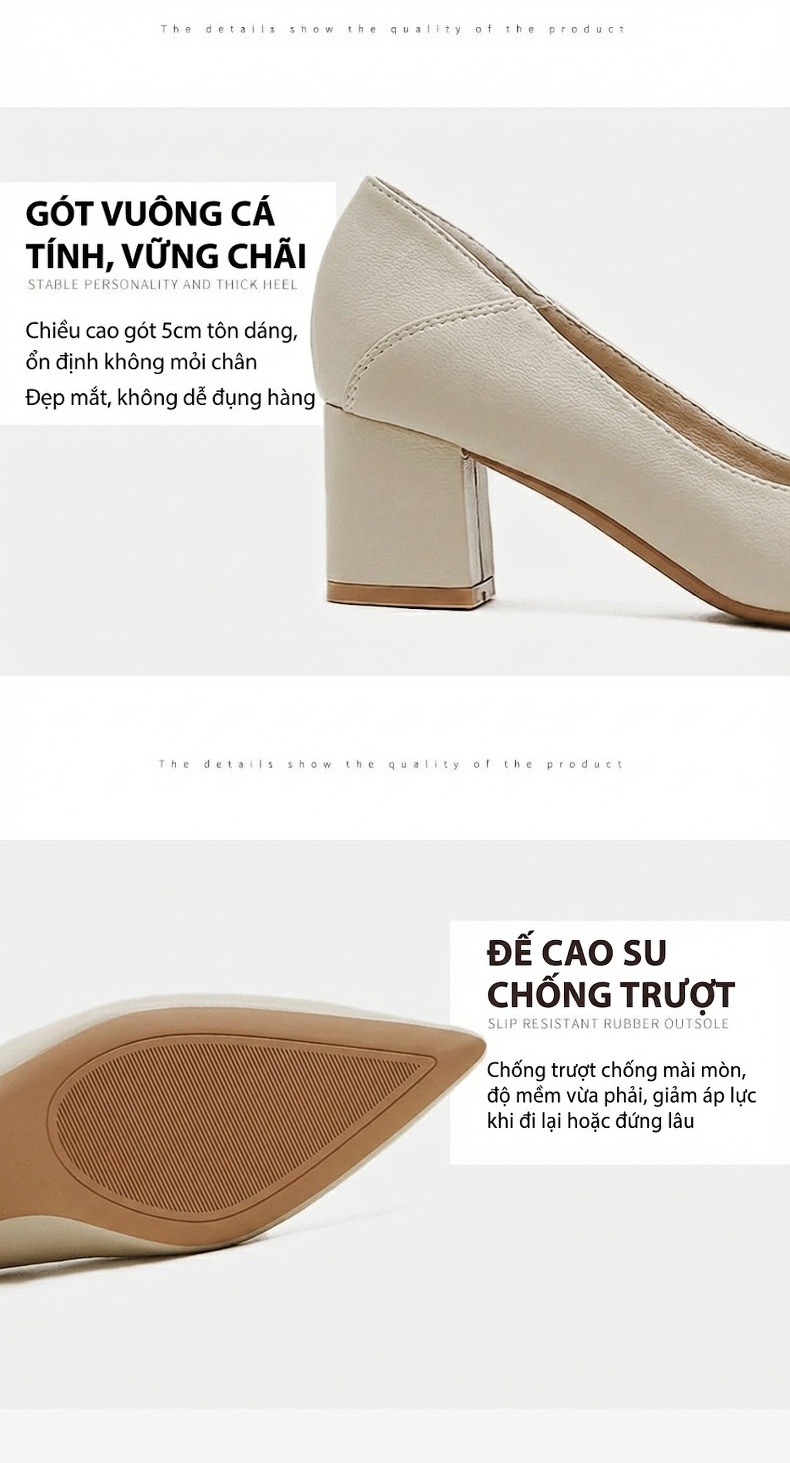 Giày Cao Gót Mũi Nhọn Da Mềm Chiều Cao Đế Khoảng 5cm Màu Be, Đen chi tiết 6