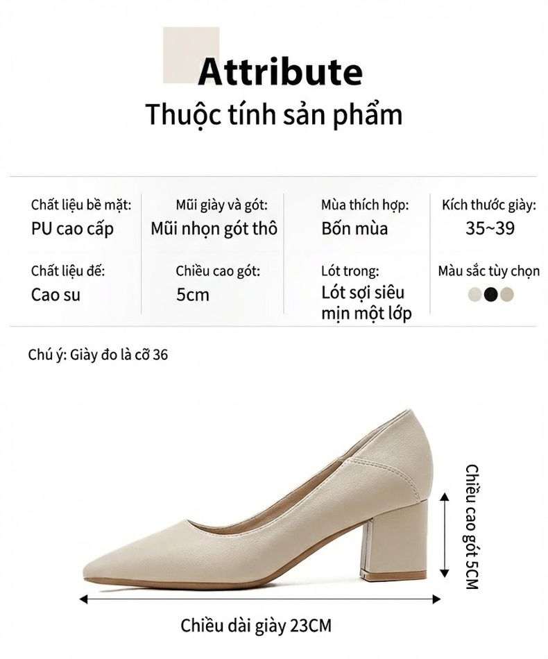 Giày Cao Gót Mũi Nhọn Da Mềm Chiều Cao Đế Khoảng 5cm Màu Be, Đen chi tiết 3