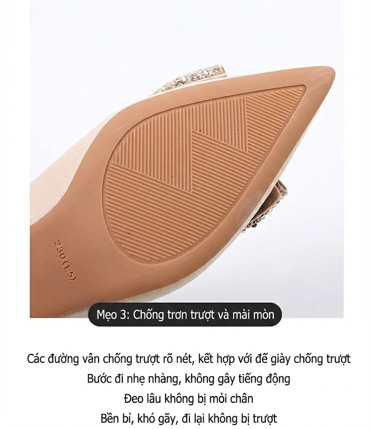 Giày Cao Gót Mũi Nhọn Da Mềm Đính Nơ Đá Chiều Cao Đế Khoảng 6cm Màu Kem, Đen chi tiết 11