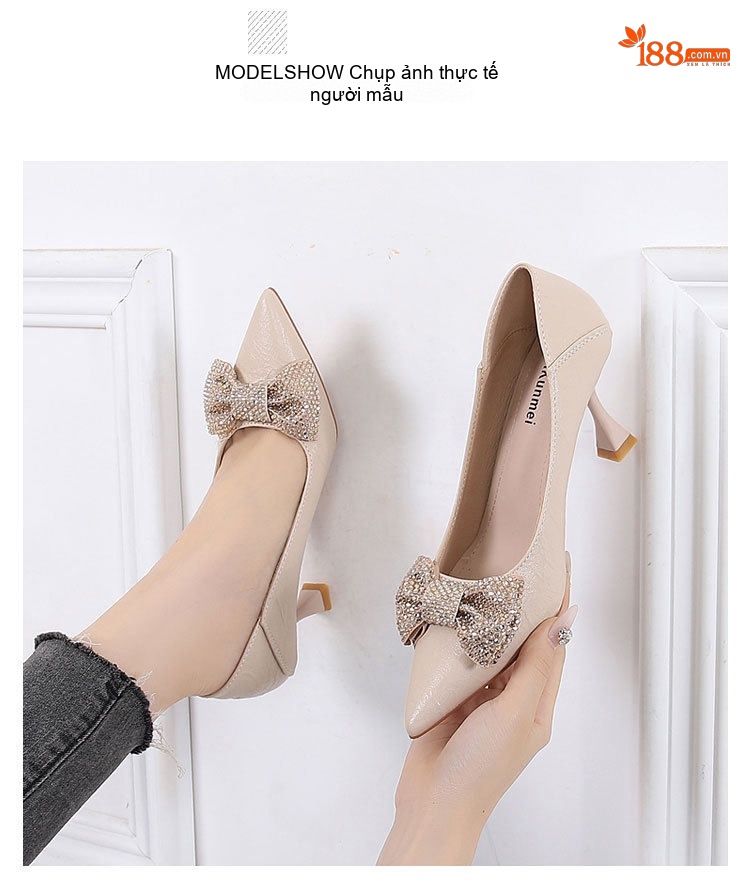 Giày Cao Gót Mũi Nhọn Da Mềm Đính Nơ Đá Chiều Cao Đế Khoảng 6cm Màu Kem, Đen chi tiết 24