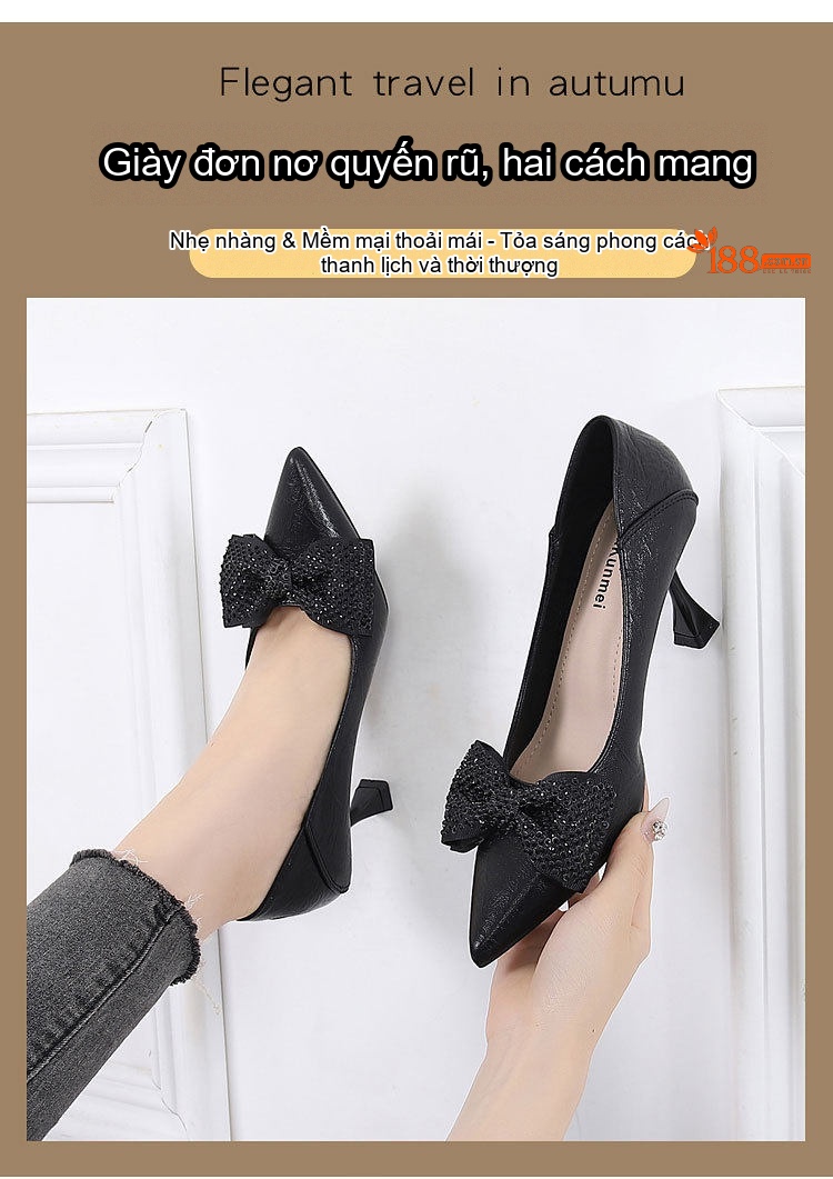 Giày Cao Gót Mũi Nhọn Da Mềm Đính Nơ Đá Chiều Cao Đế Khoảng 6cm Màu Kem, Đen chi tiết 1