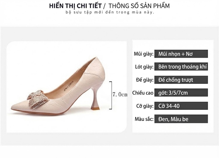 Giày Cao Gót Mũi Nhọn Da Mềm Đính Nơ Đá Chiều Cao Đế Khoảng 6cm Màu Kem, Đen chi tiết 7
