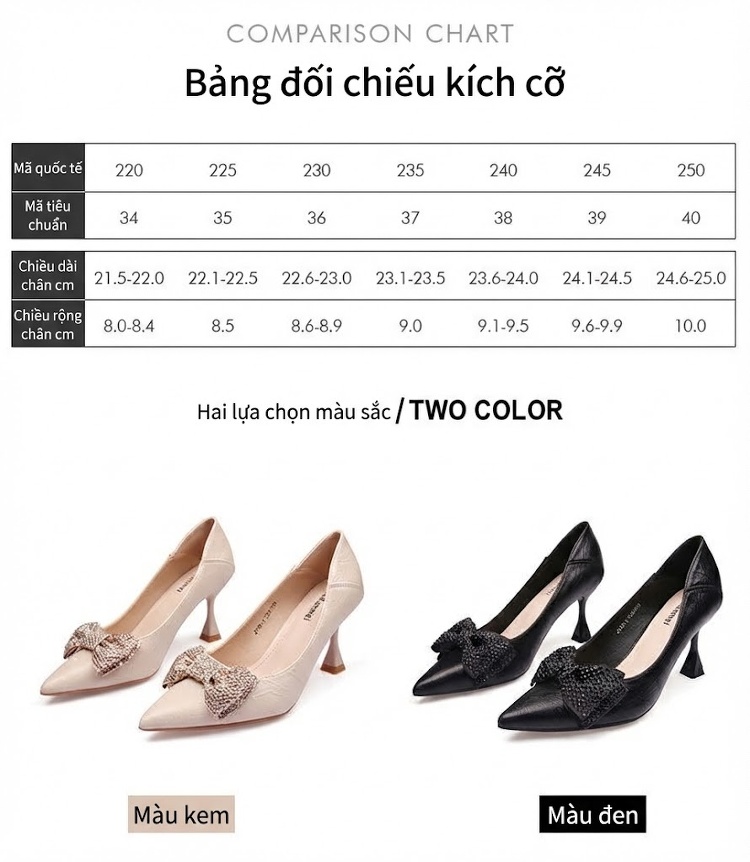 Giày Cao Gót Mũi Nhọn Da Mềm Đính Nơ Đá Chiều Cao Đế Khoảng 6cm Màu Kem, Đen chi tiết 8