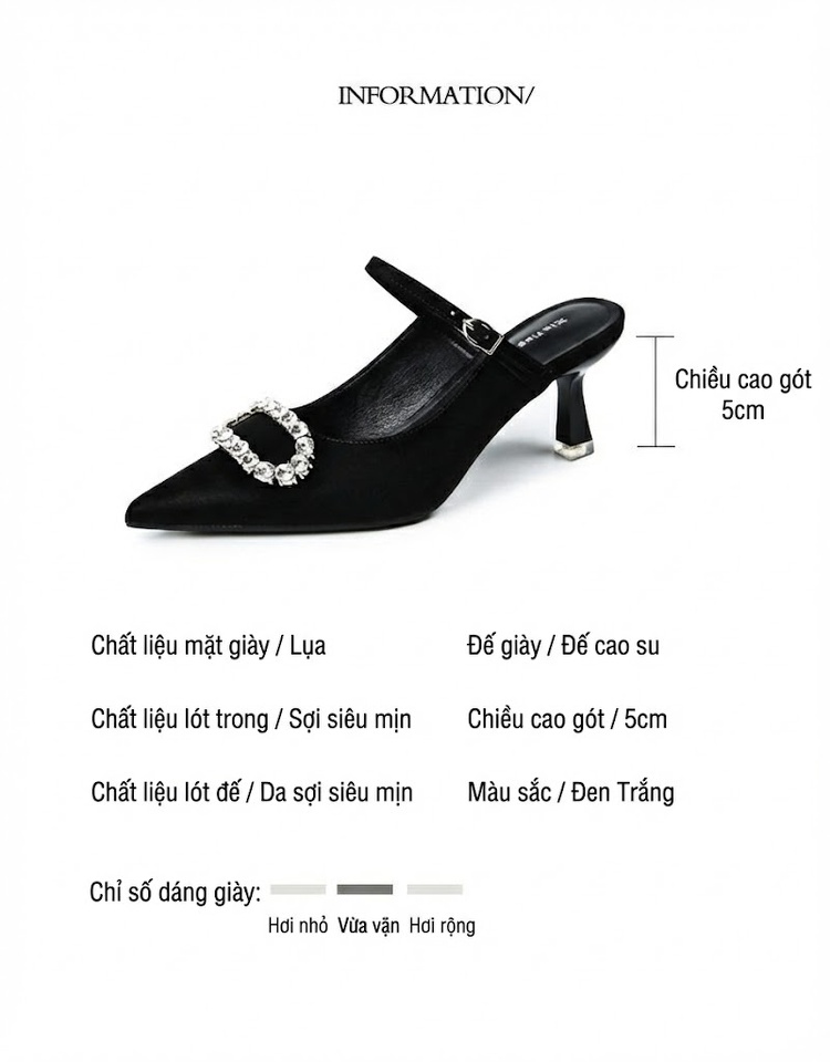 Giày Cao Gót Mũi Nhọn Đính Đá Chiều Cao Đế Khoảng 5cm Màu Đen, Trắng chi tiết 2